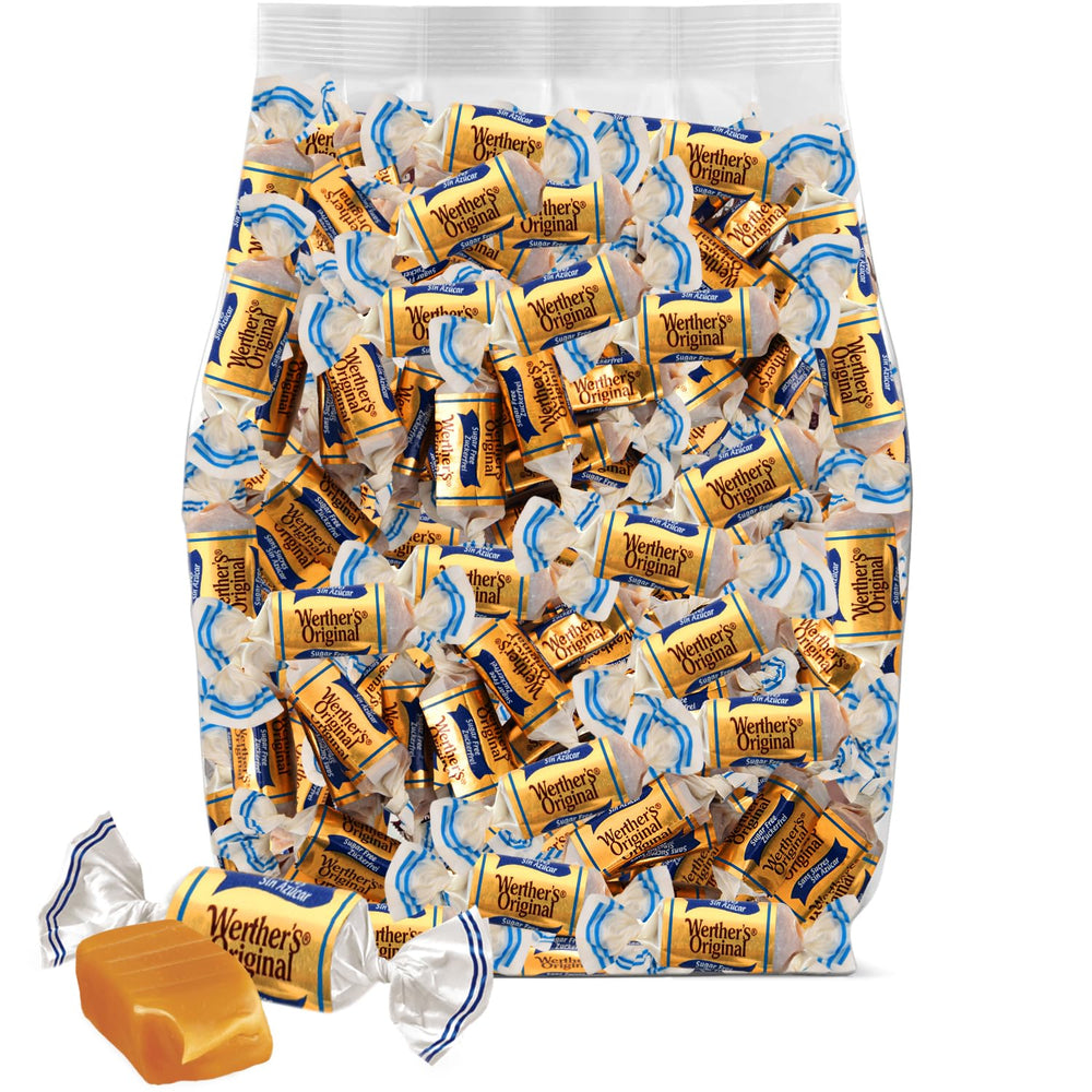 GEEOOLLAH front of bag showing 1 lb sugar free caramel, clear packaging benefit