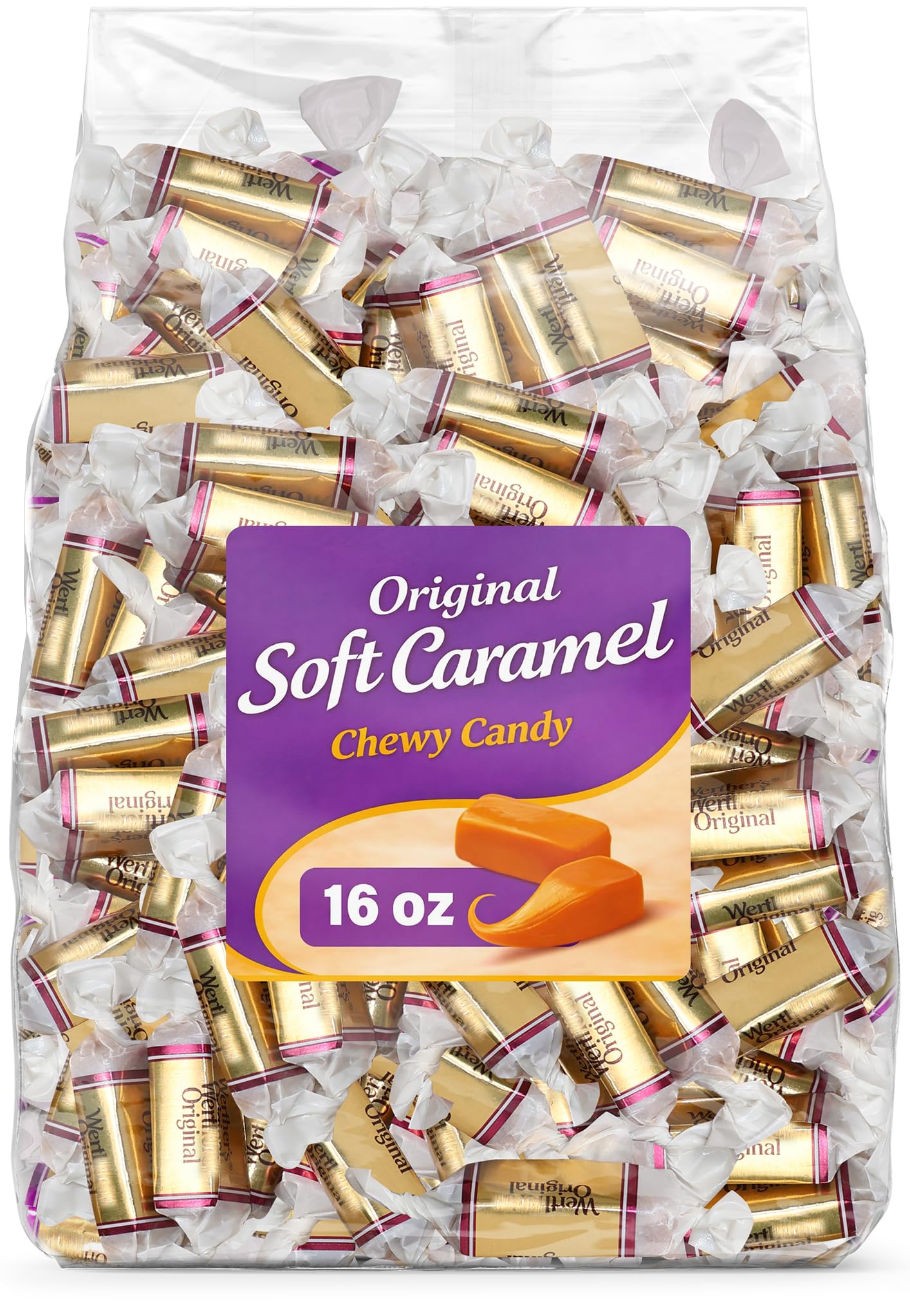 GEEOOLLAH front packaging showing 1 lb resealable bag and 65 caramels for easy sharing