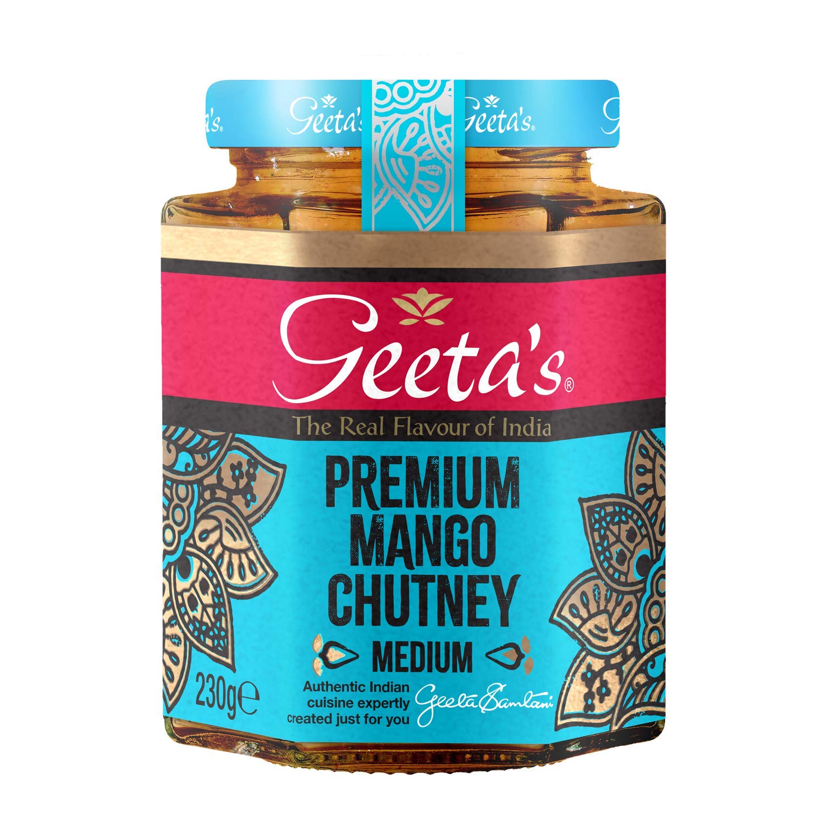 Geeta's jar front label showing mango chutney and authentic spice benefit