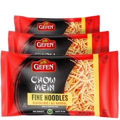 Gefen front packaging showing crisp gluten free chow mein noodles and product benefits