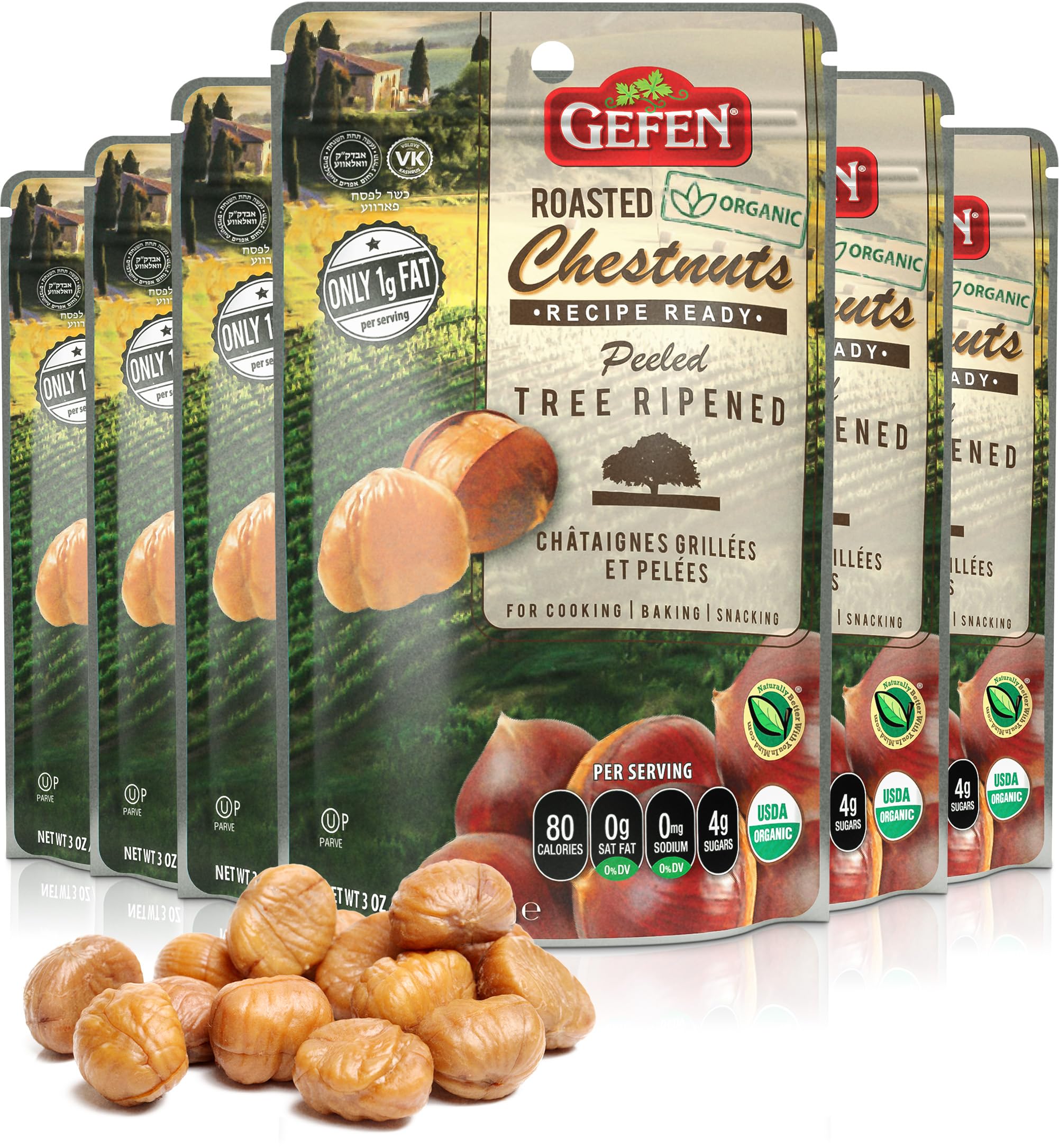 Gefen front packaging showing 3oz roasted peeled chestnuts and convenience benefit