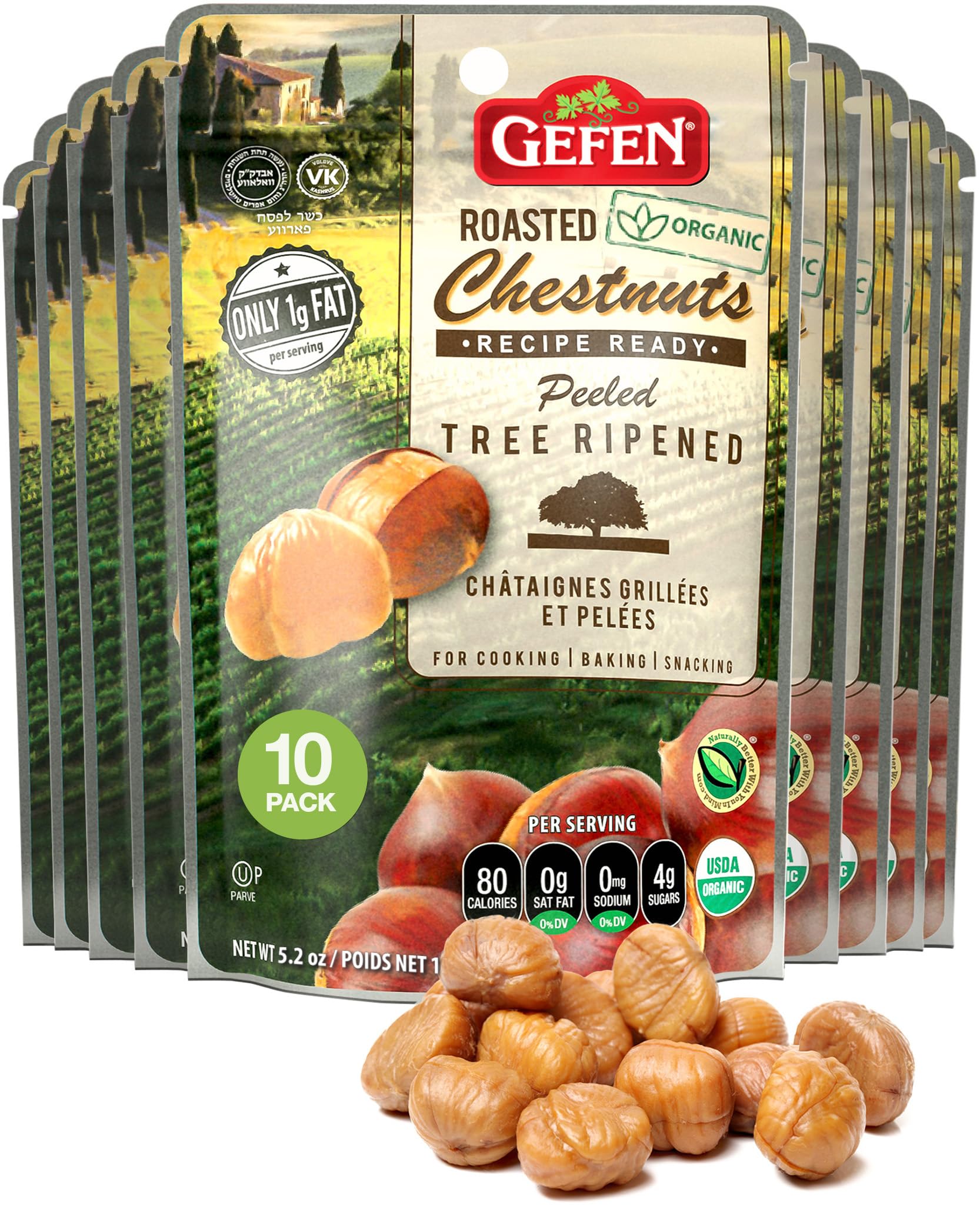 Gefen front packaging showing organic chestnuts and clear brand benefits