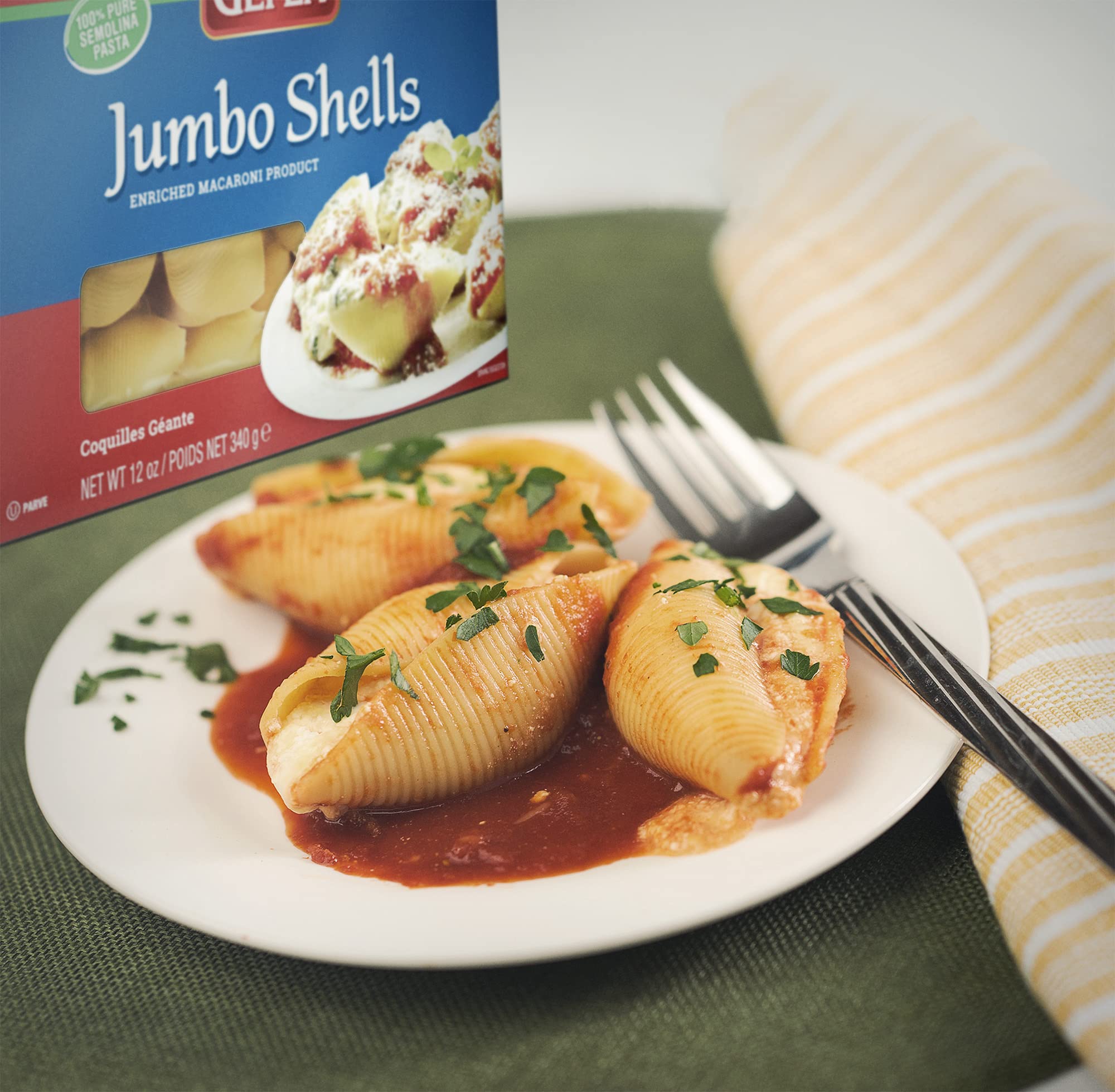 Gefen stuffed and baked shells plated showing hearty serving appeal