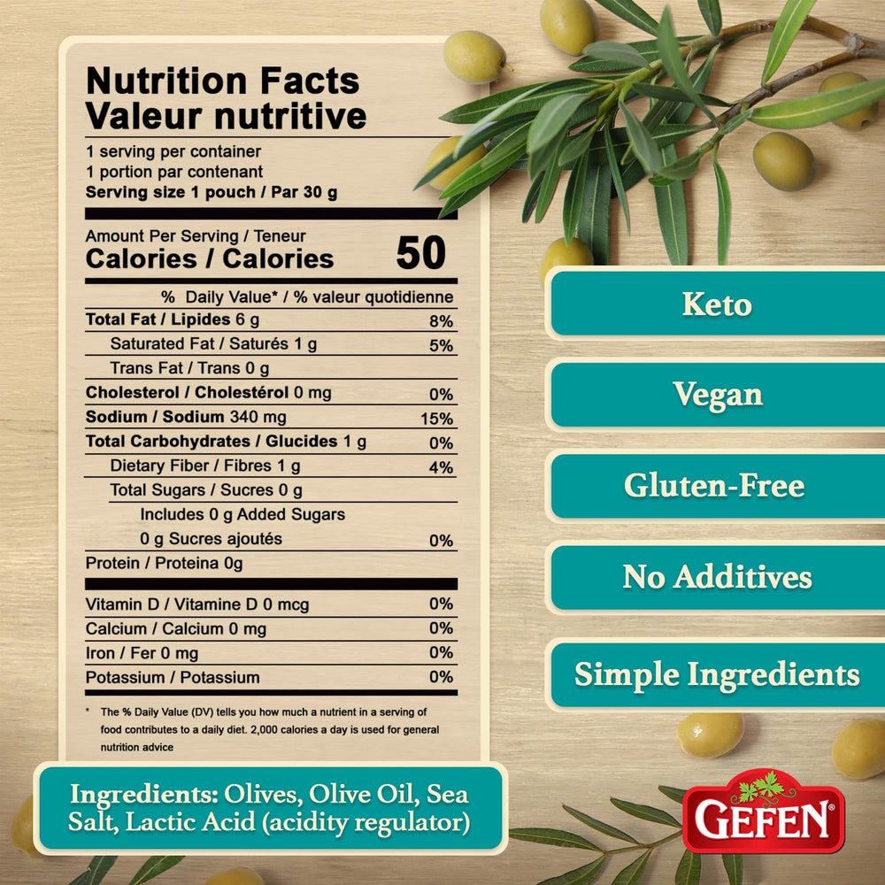Gefen close-up of olive texture and olive oil highlighting fresh savory taste