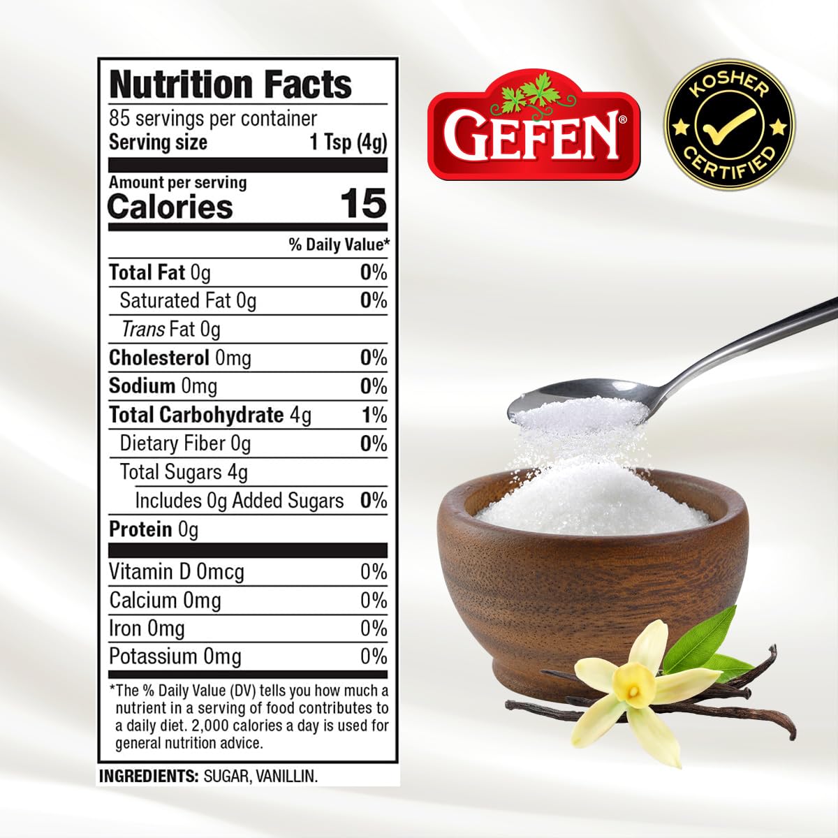 Two Gefen vanilla sugar jars stacked in a pantry illustrating value two-pack supply