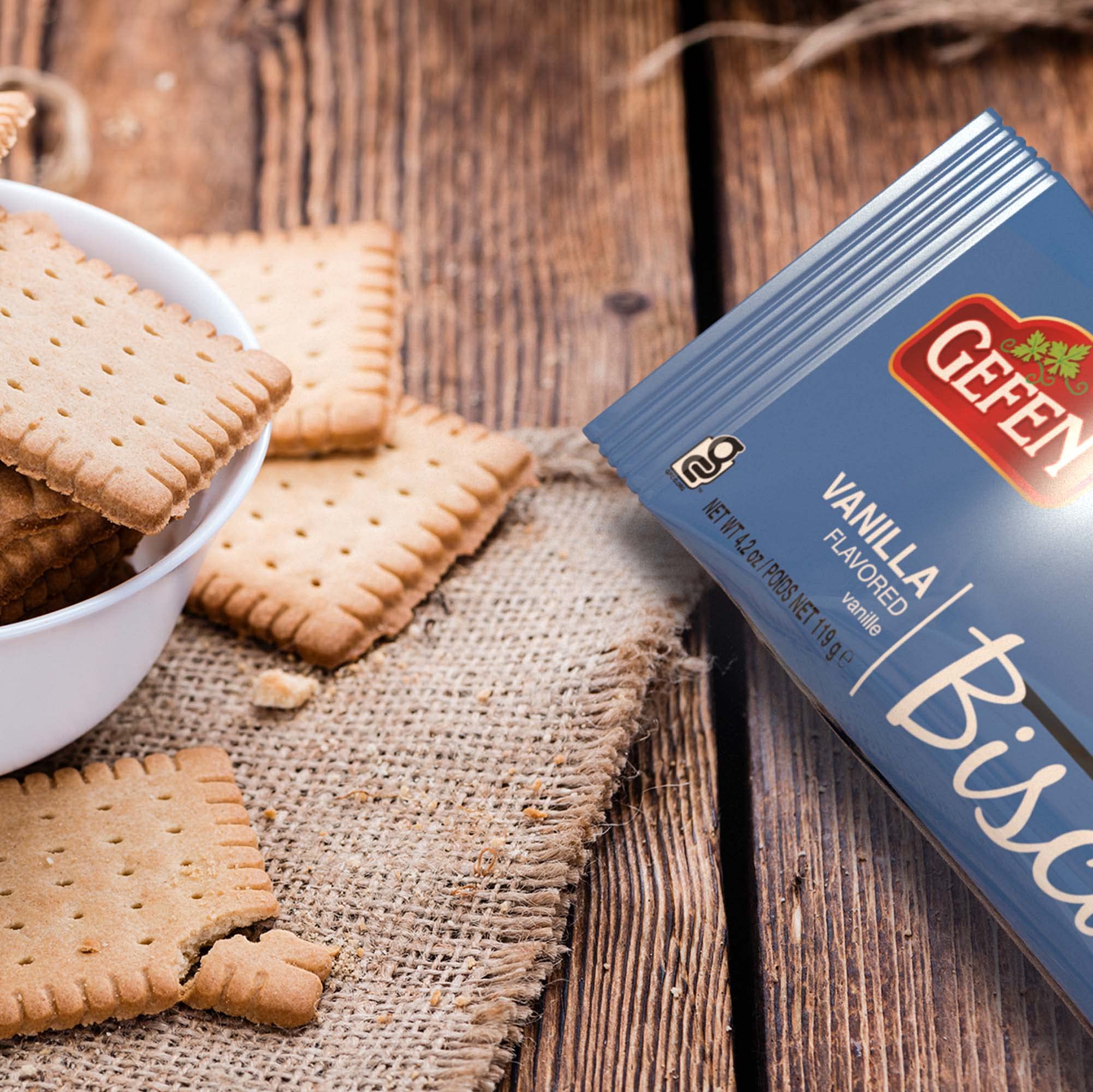 Gefen close-up of biscuit texture highlighting crisp vanilla crunch