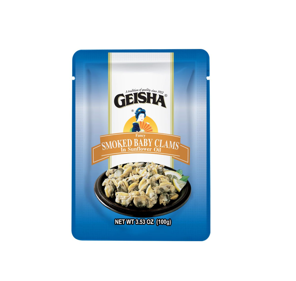 GEISHA front packaging showing smoked baby clams, convenient portable snack