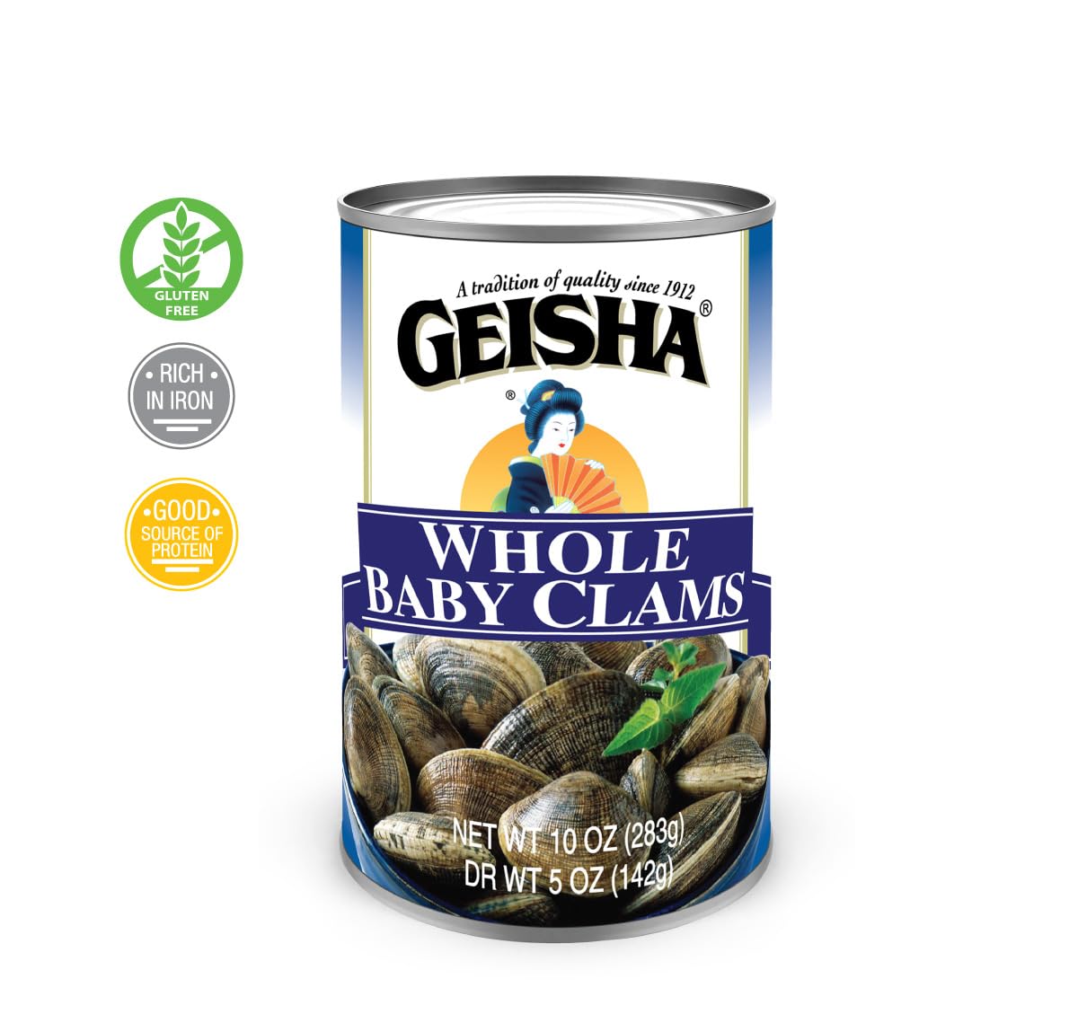 GEISHA opened can showing whole baby clams in brine, ready to use