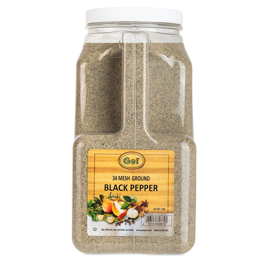 Gel Spice 5 lb jar front label showing fine ground 34 mesh pepper and kosher mark