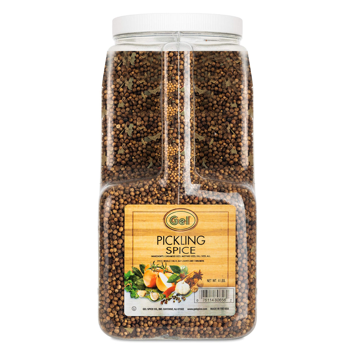 Gel Spice 4 lb jar front label showing kosher bulk pickling spice for kitchens