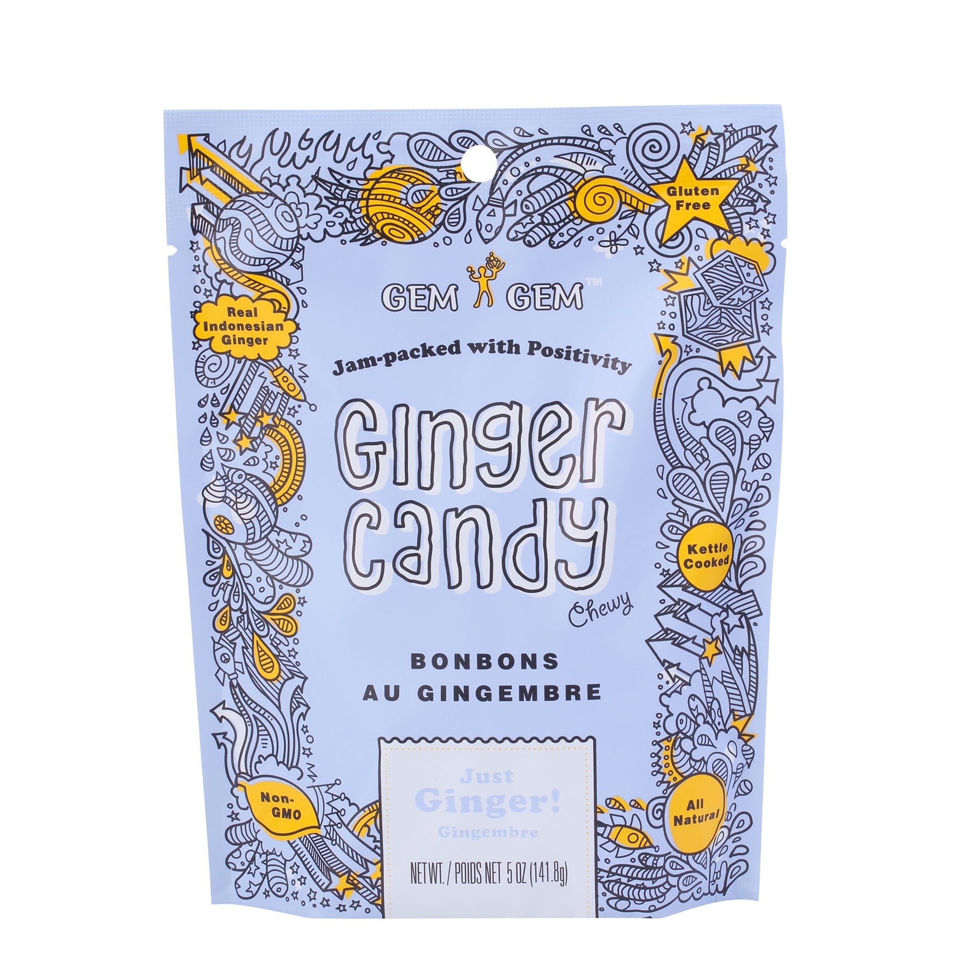 Gem Gem close-up of chewy ginger texture highlighting soft-toffee bite and bold ginger flavor benefit