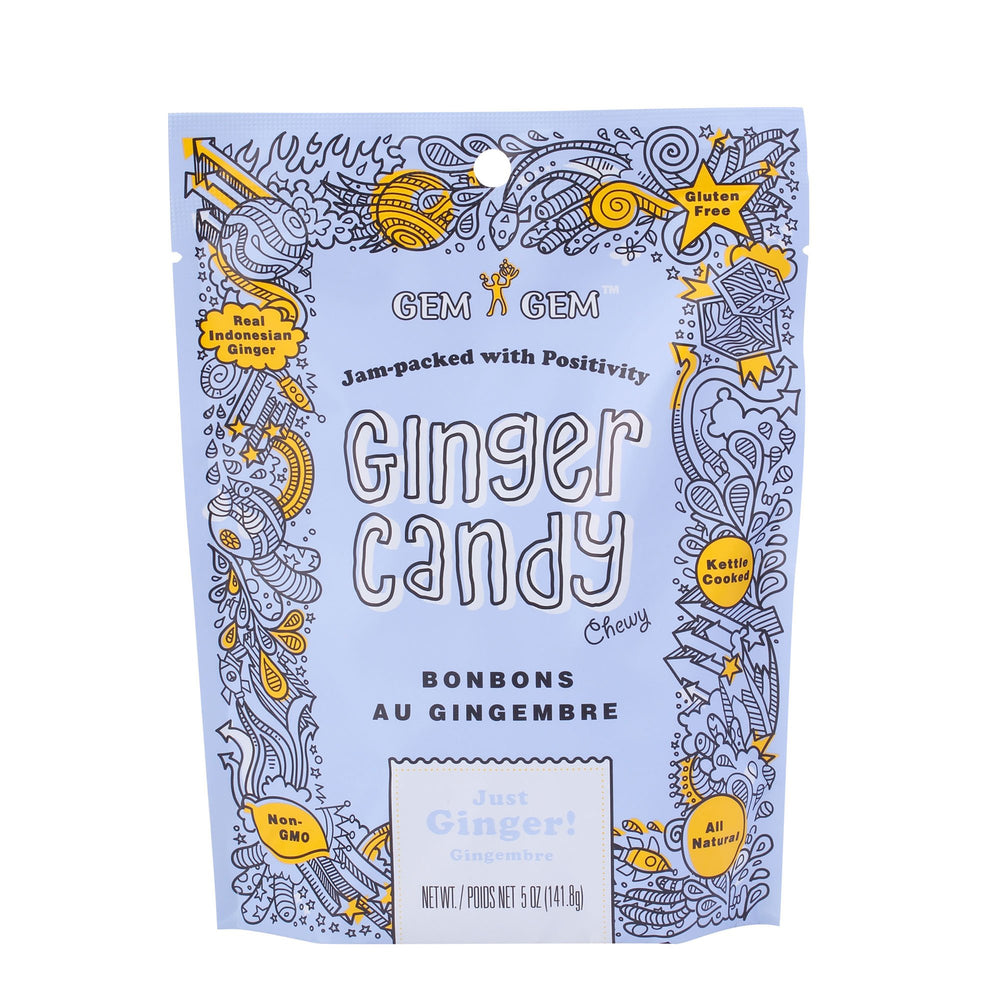 Gem Gem close-up of chewy ginger texture highlighting soft-toffee bite and bold ginger flavor benefit