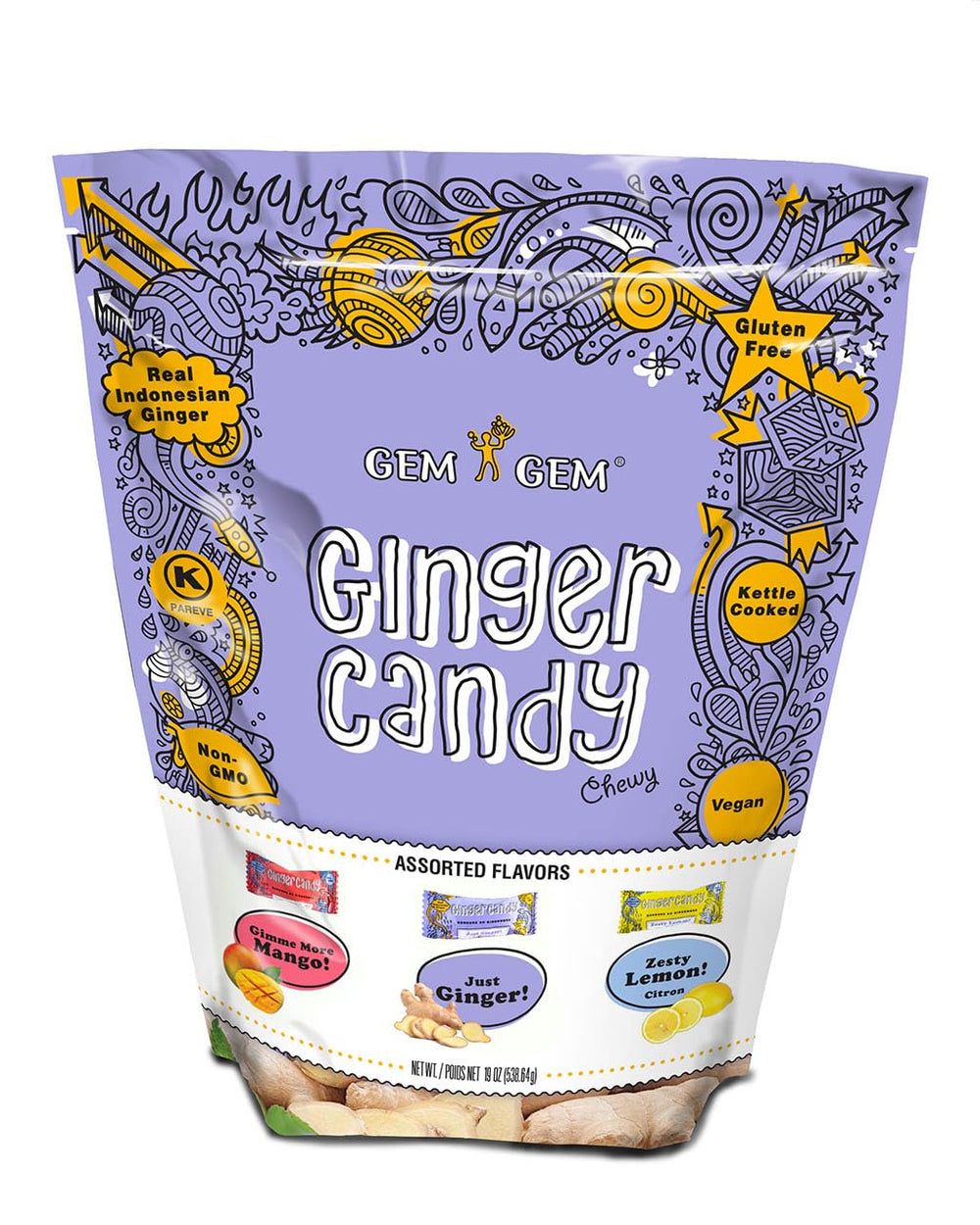 Gem Gem front packaging 19oz bag showing assorted wrapped chews and brand
