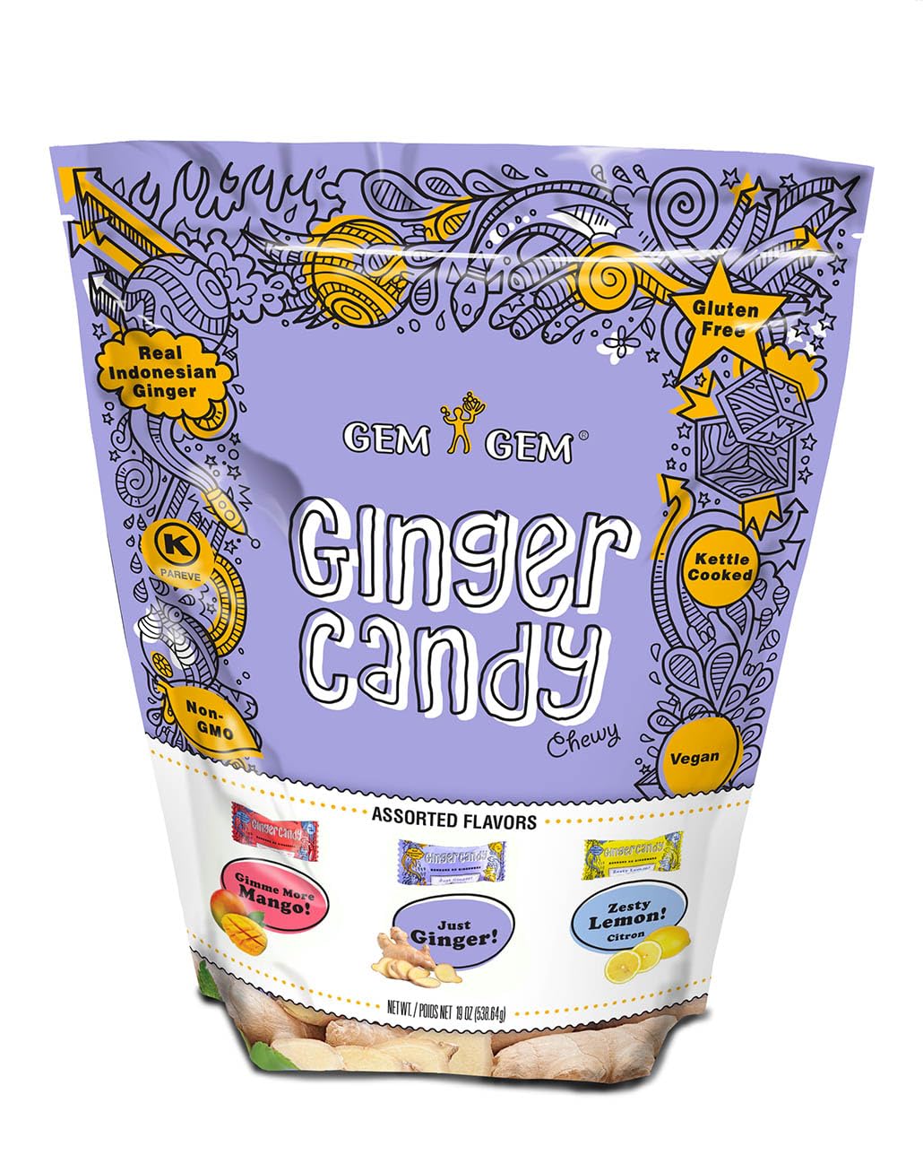 Gem Gem front packaging 19oz bag showing assorted wrapped chews and brand