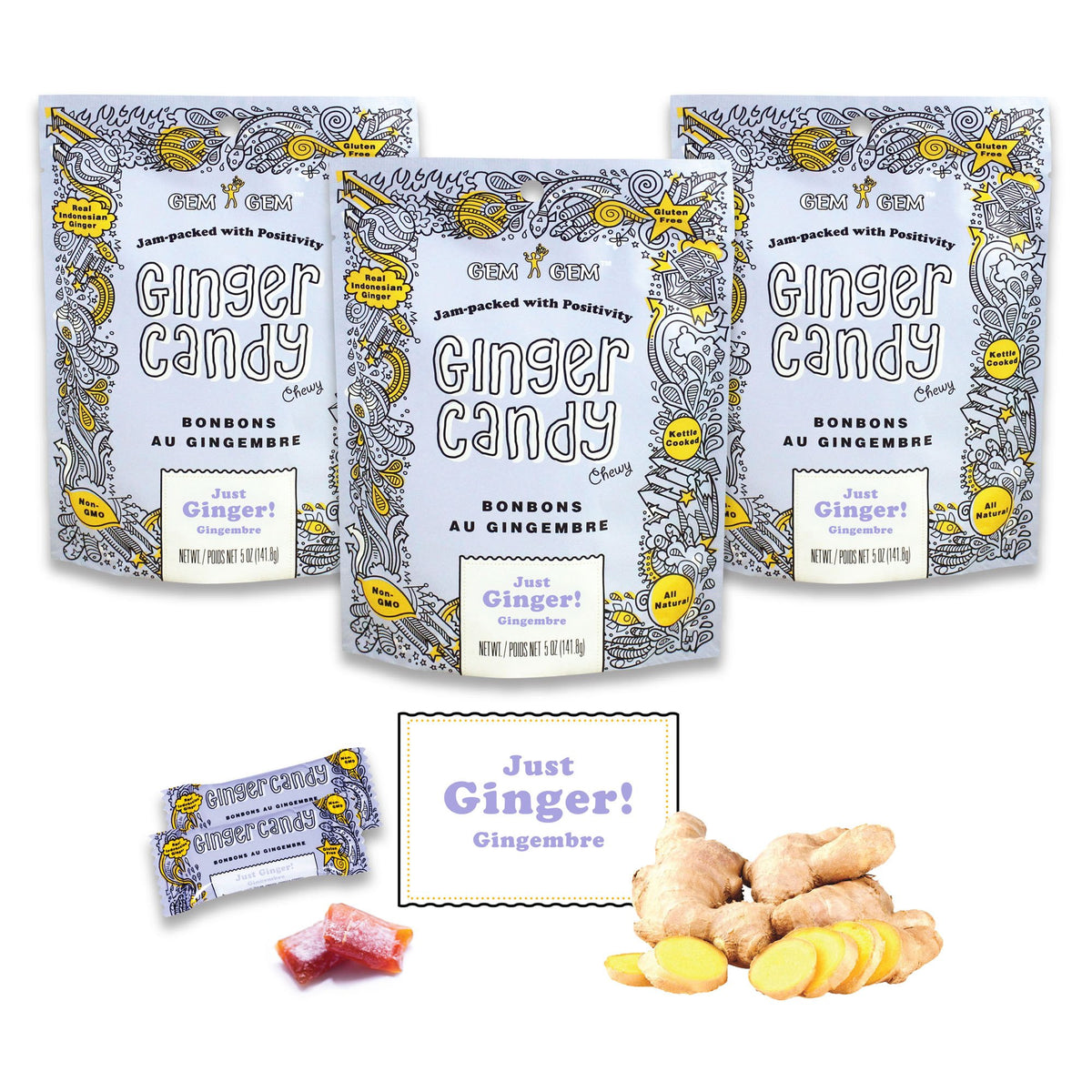 Gem Gem front packaging showing three 5.0oz bags and bold ginger branding benefit: clear product identity