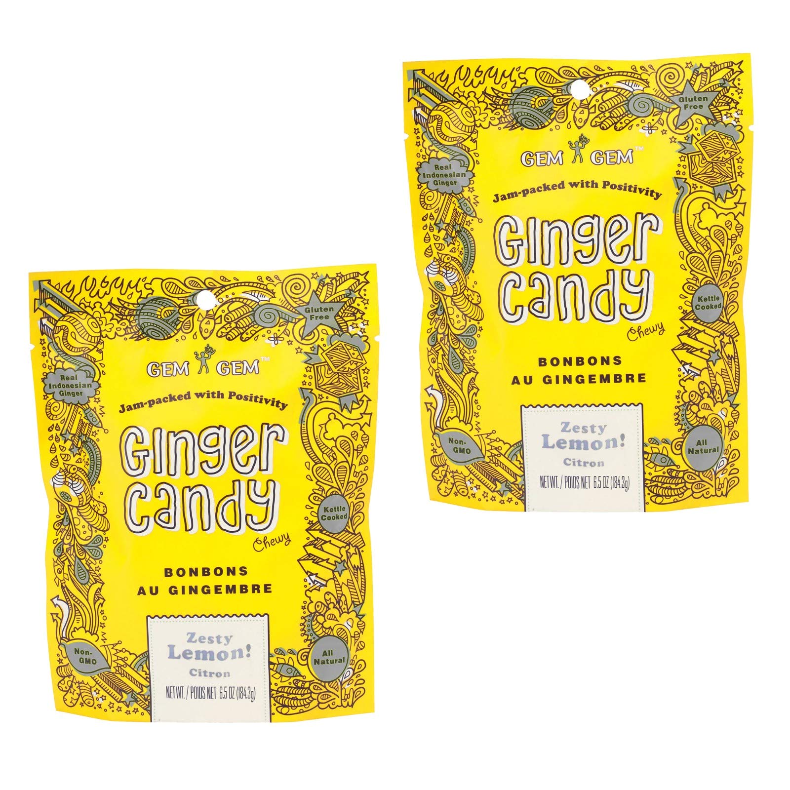 Gem Gem front packaging lemon ginger chews showing resealable pouch and benefits