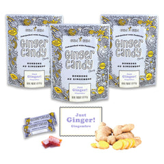 Gem Gem front packaging showing three 5.0oz bags and bold ginger branding benefit: clear product identity