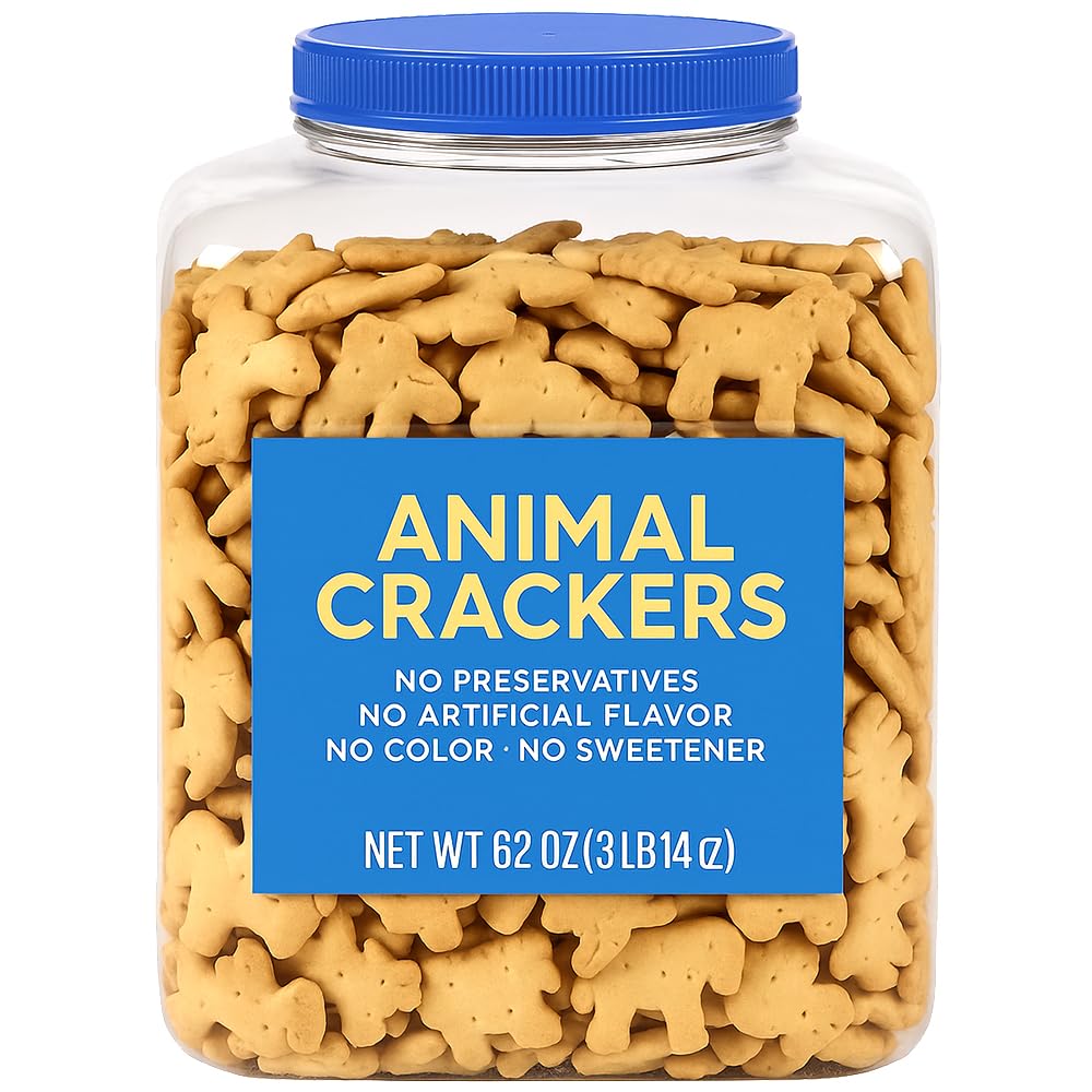 Generic animal crackers front packaging showing resealable tub for lasting freshness