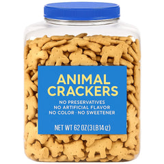 Generic animal crackers front packaging showing resealable tub for lasting freshness