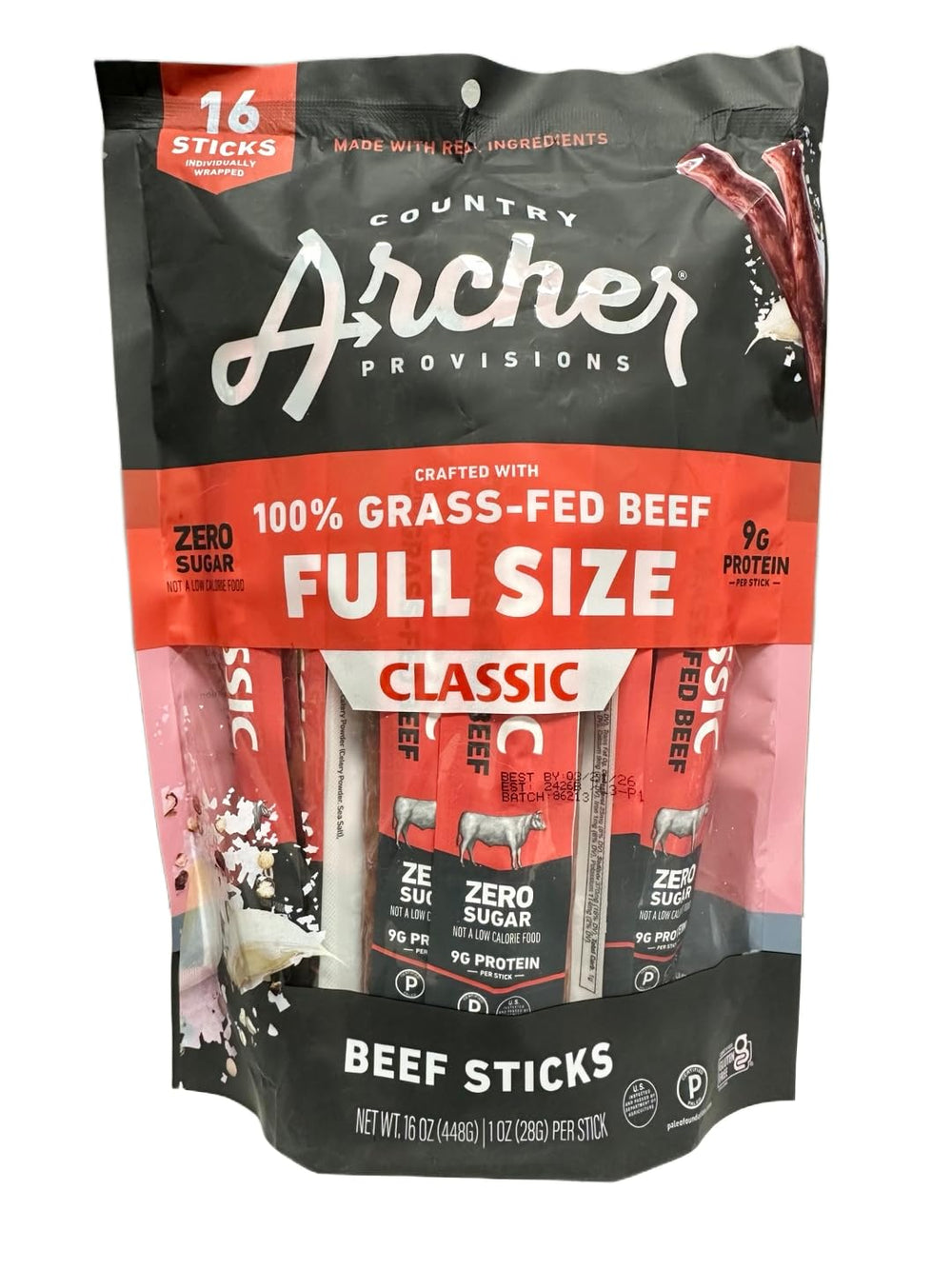 Generic brand beef sticks on charcuterie board with cheese showing serving inspiration benefit