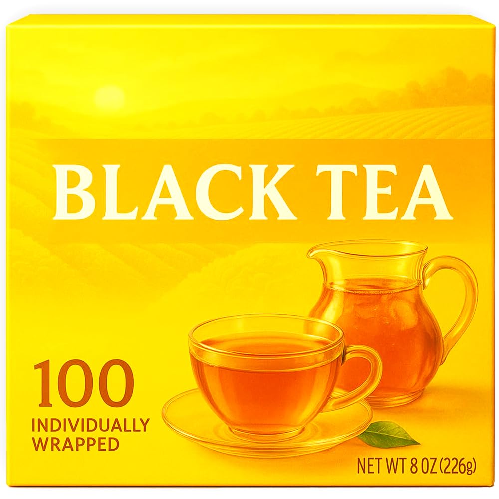 Generic brand front package showing 100-count black tea bags and clear value