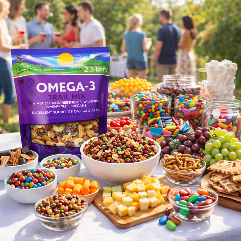 Serving bowl of Generic Omega-3 Trail Mix on wood table illustrating easy entertaining and sharing benefit