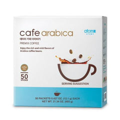 Generic Cafe Arabica front packaging showing box and branding, highlights premium Arabica