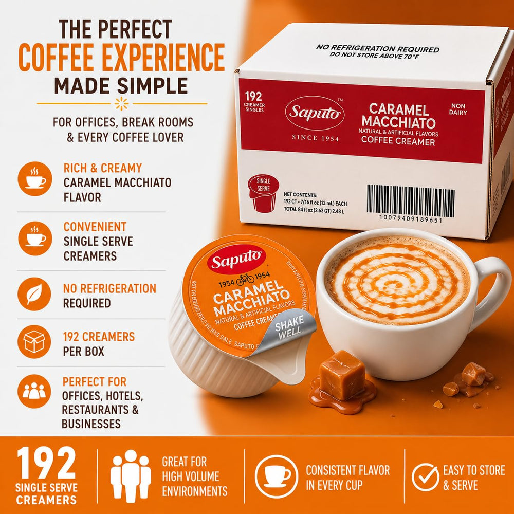 Generic caramel macchiato cups displayed in an office breakroom highlighting ready-to-serve convenience