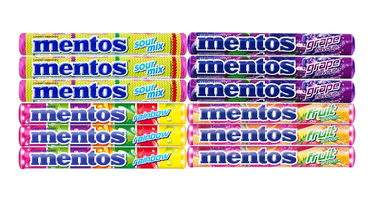 Generic chewy mint dragees front packaging showing colorful rolls and portion convenience