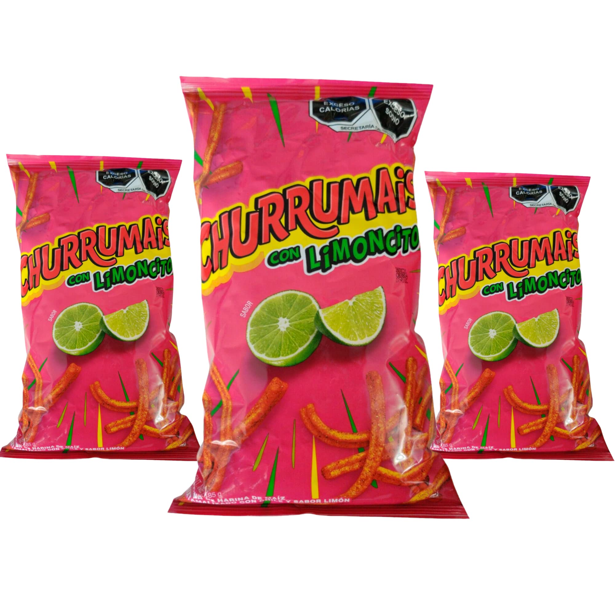 Generic Churrumais Con Limoncito front packaging showing three-bag set and lime graphics for quick identification and gifting