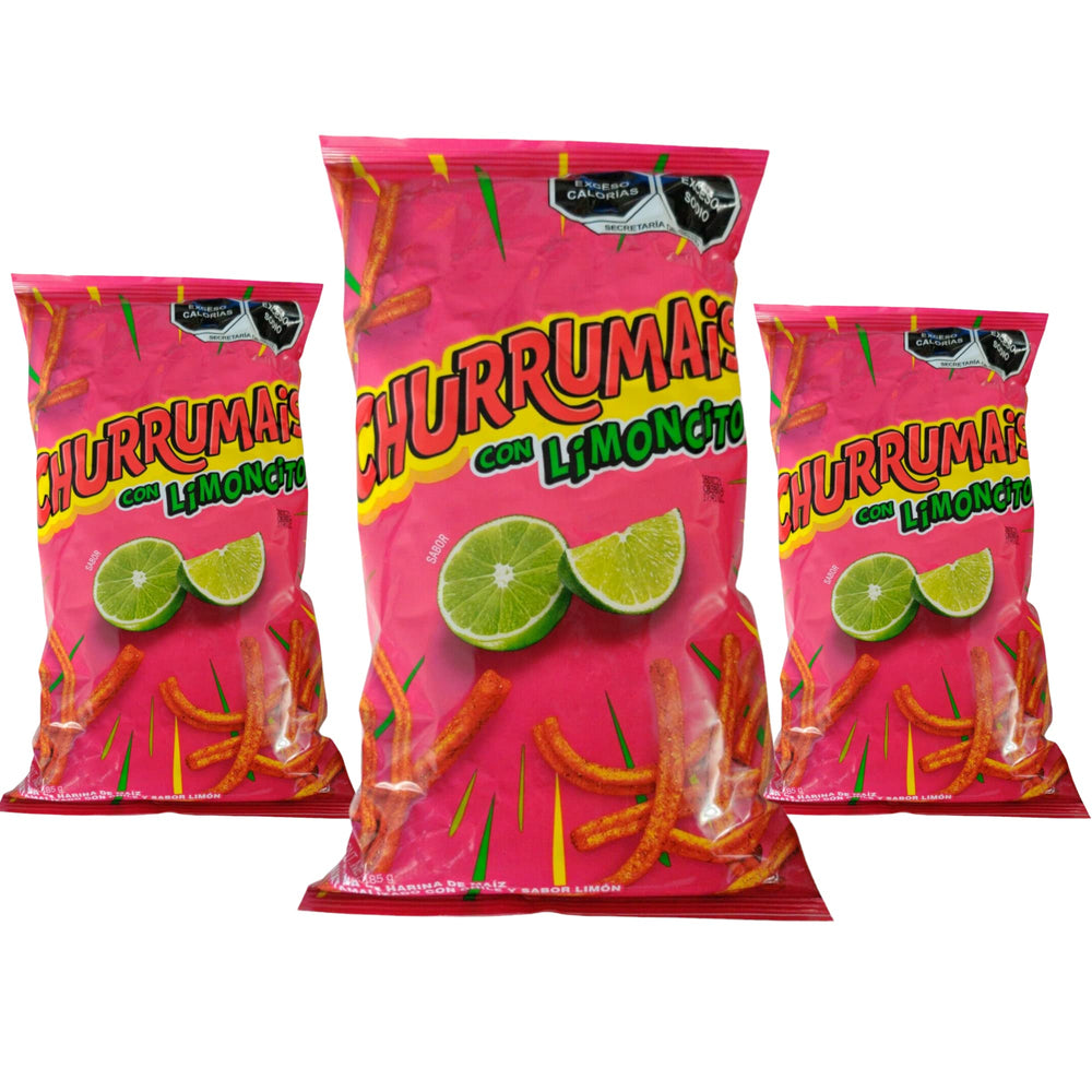 Generic Churrumais Con Limoncito front packaging showing three-bag set and lime graphics for quick identification and gifting