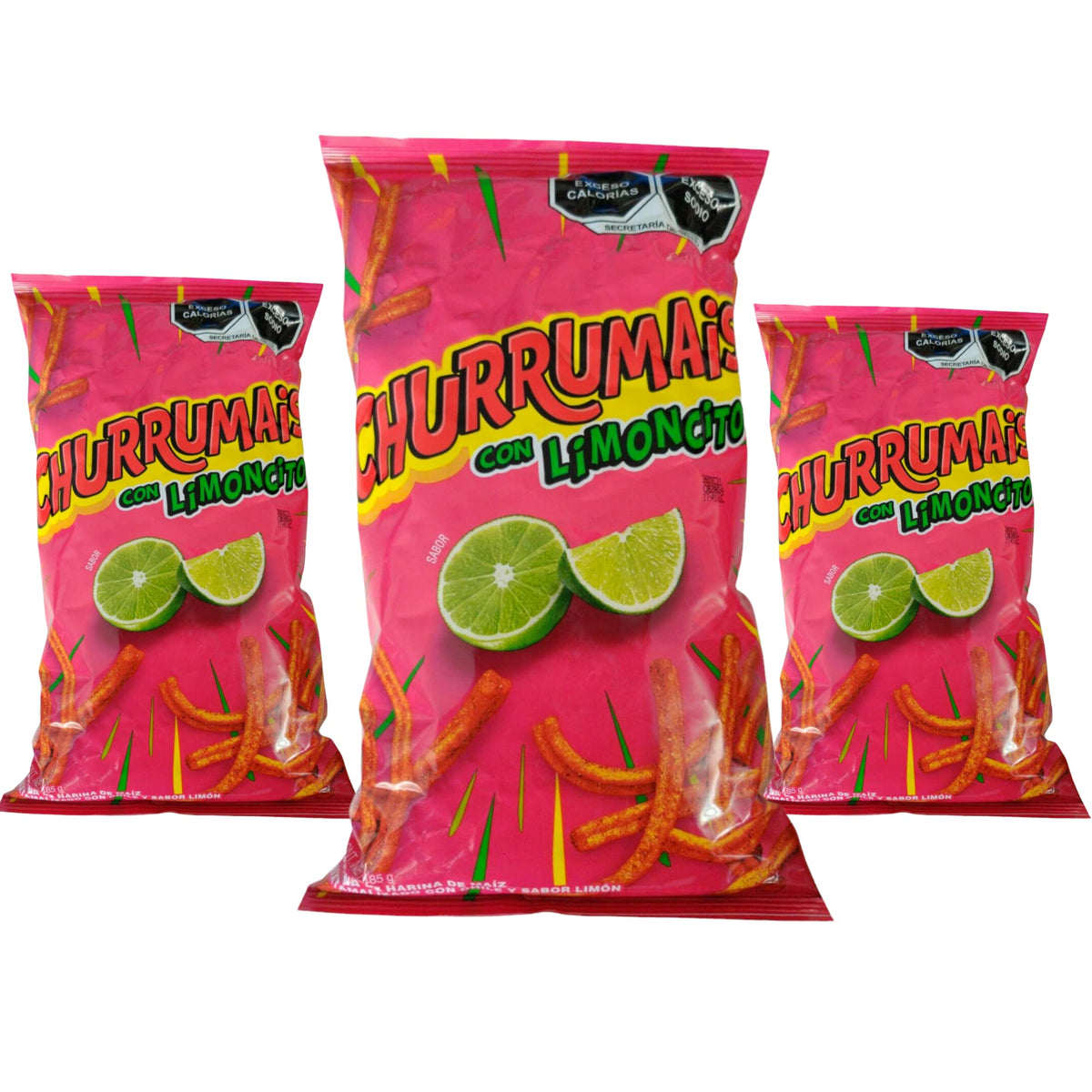 Generic Churrumais Con Limoncito front packaging showing three-bag set and lime graphics for quick identification and gifting