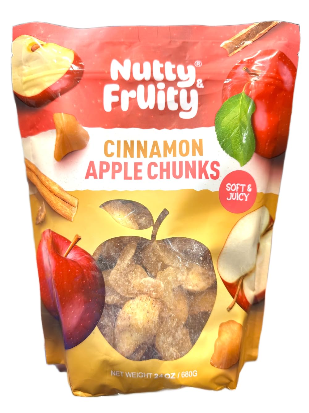 Generic front packaging of cinnamon apple chunks showing size and convenience