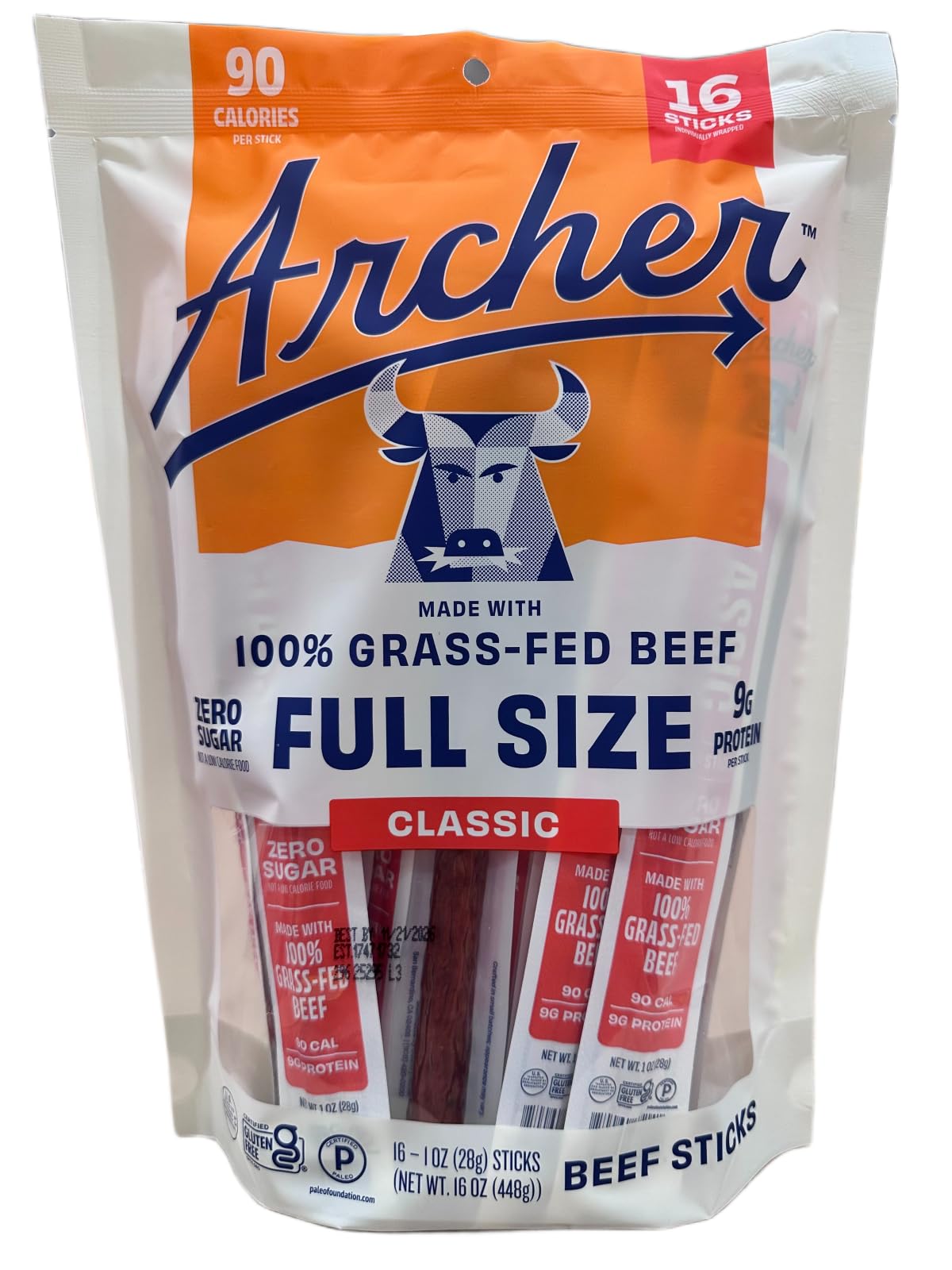 Generic brand front pack showing 16 full-size beef sticks and clean ingredients benefit