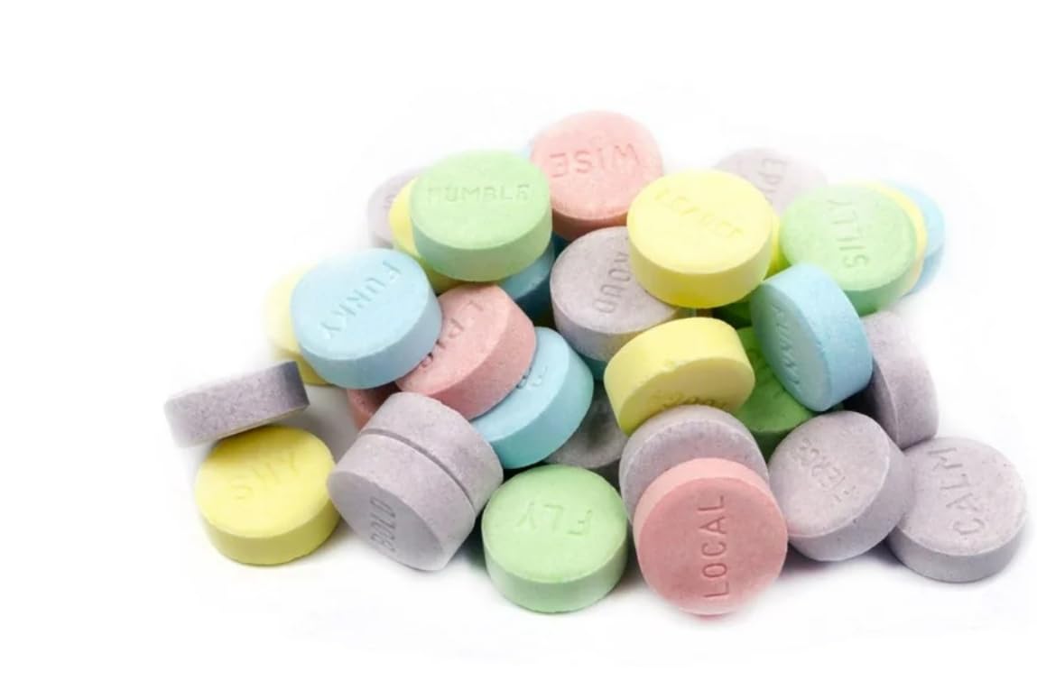 Generic close-up of crunchy tablets showing texture and bright colors for flavor clarity