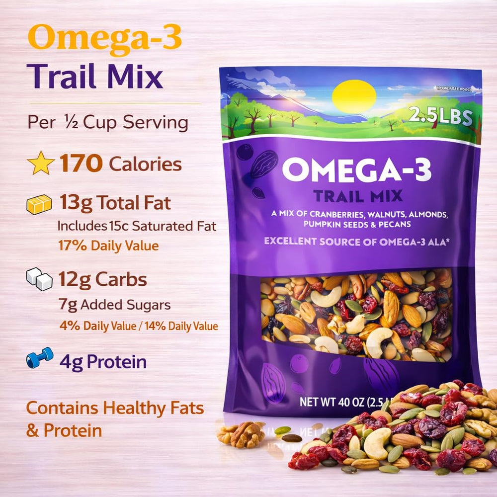 Close-up of walnuts in Generic Omega-3 Trail Mix highlighting ALA omega-3 source and crunchy texture benefit