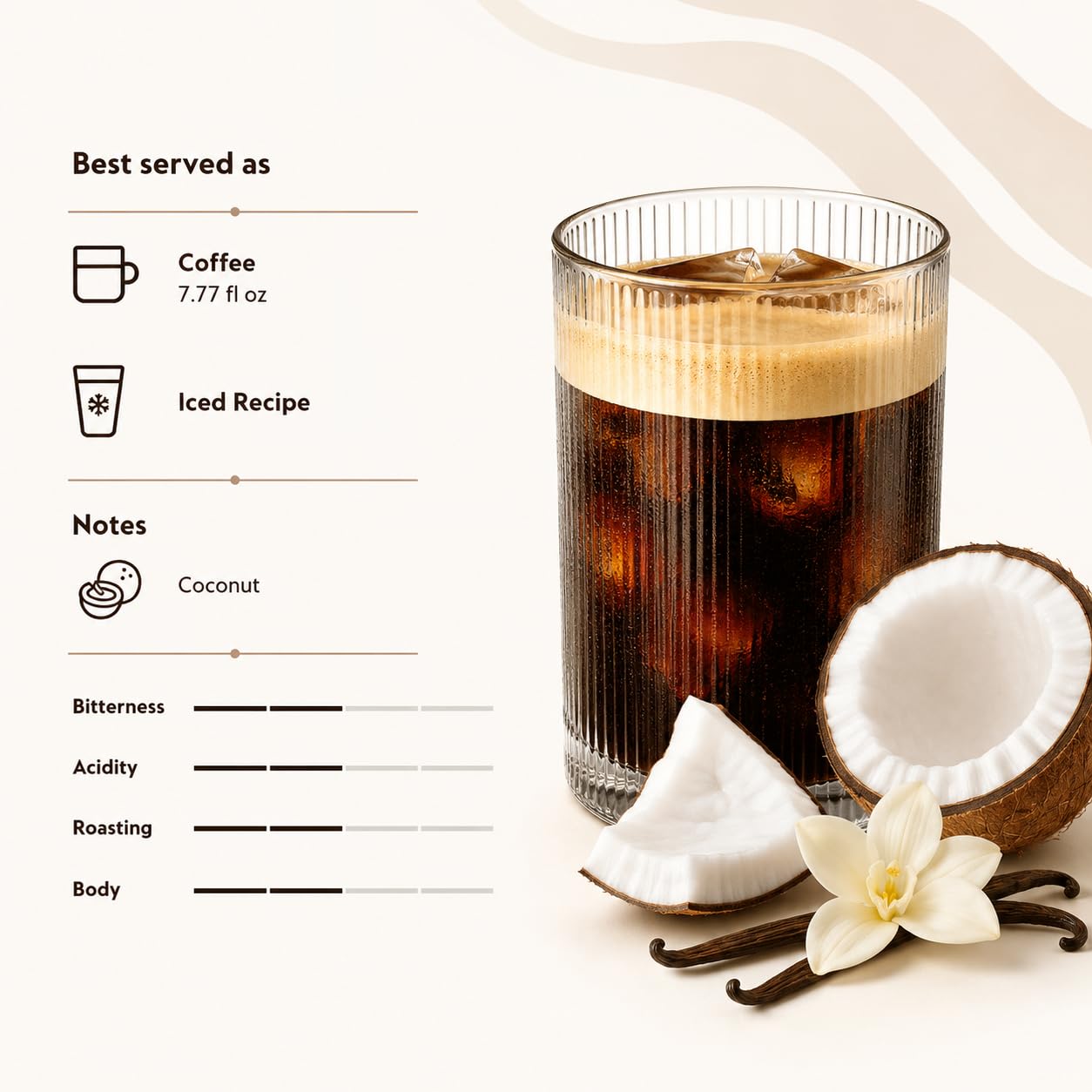 Generic coconut vanilla iced coffee in glass with ice showcasing refreshing tropical flavor