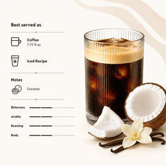 Generic coconut vanilla iced coffee in glass with ice showcasing refreshing tropical flavor