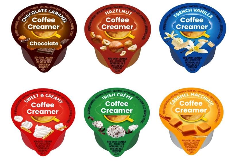 Generic single-serve creamer front packaging showing six flavors and convenience