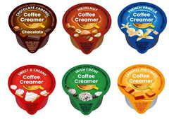 Generic single-serve creamer front packaging showing six flavors and convenience