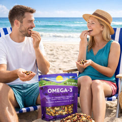 Chewy dried cranberries in Generic Omega-3 Trail Mix emphasizing sweet flavor contrast and energy benefit