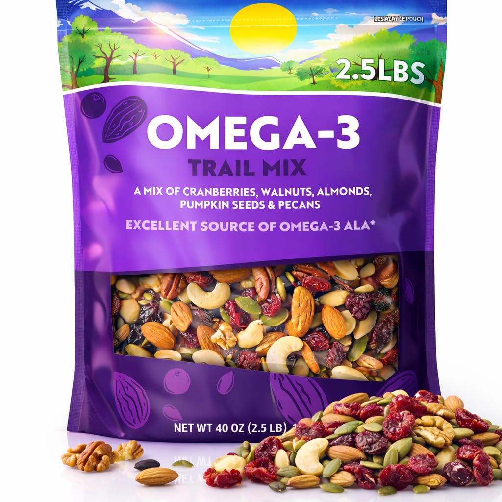 Generic front packaging of Omega-3 Trail Mix showing large resealable bag and contents benefit shelf-stability