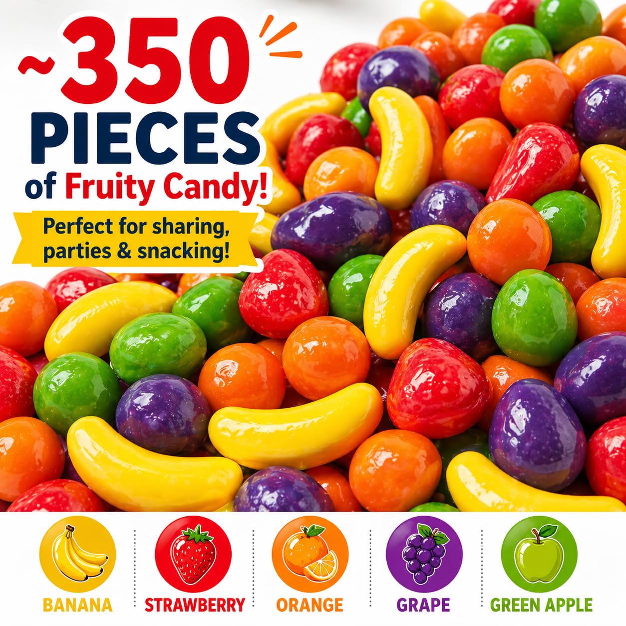 Generic grouped fruit candies close-up showing distinct banana, strawberry, orange, apple and grape