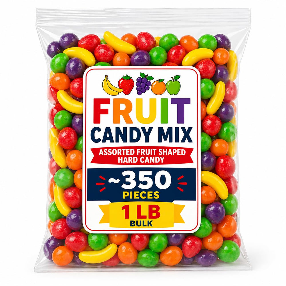 Generic brand front packaging showing 1 lb bulk bag and colorful fruit candies for easy serving
