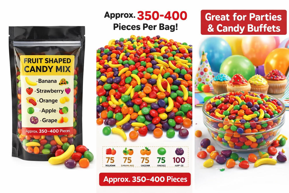 Generic clear jar filled with fruit-shaped candies showing how they brighten displays and buffets