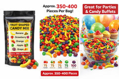 Generic clear jar filled with fruit-shaped candies showing how they brighten displays and buffets