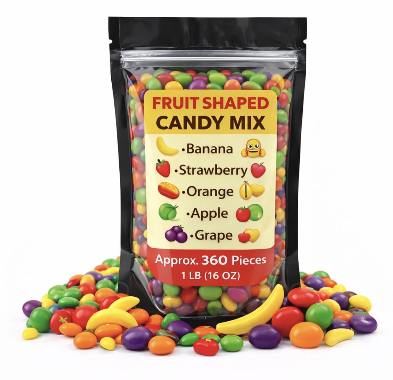 Generic unwrapped fruit-shaped candy close-up showing texture and true-to-fruit detail for appeal