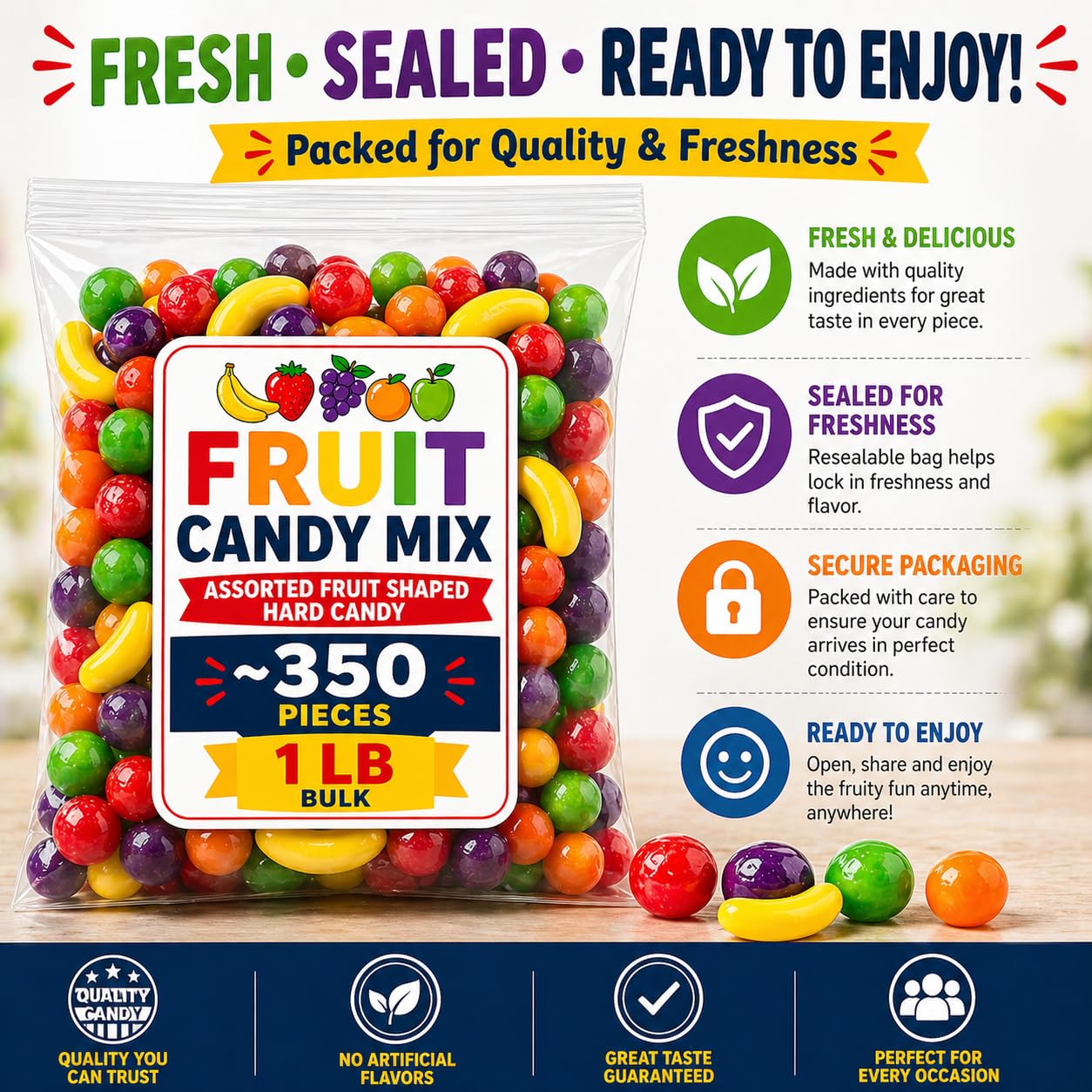 Generic assortment spread top view showing mixed fruit flavors and bright colors to attract guests