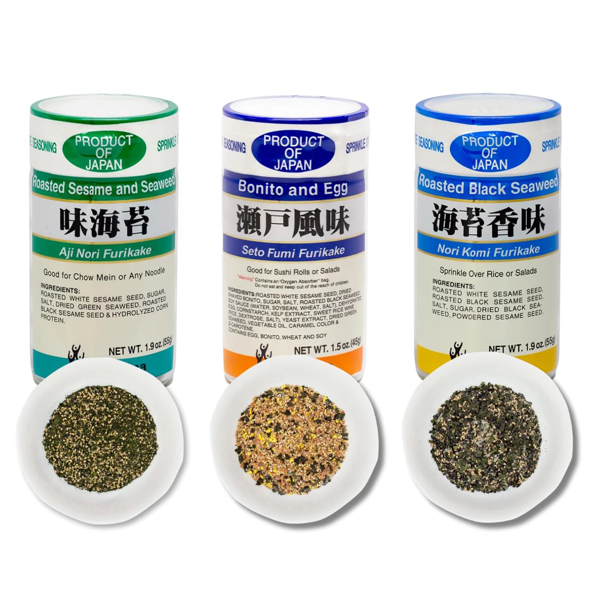 Generic furikake front packaging showing three flavor packets and convenience