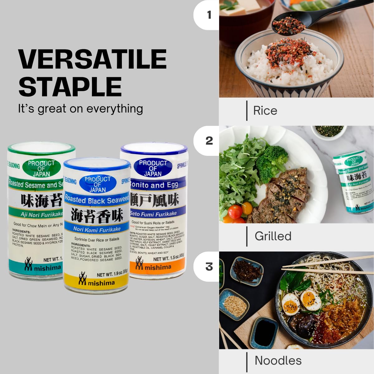Generic furikake beside teaspoon to show pack size and portion control